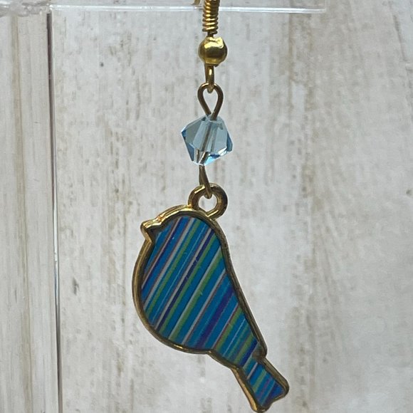 HANDMADE ARTISAN Blue Bird Striped Enamel Gold Tone Metal Earrings Dangle Hooks - Picture 2 of 6
